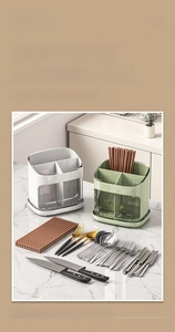 Detail of kitchen utensil organizer showing compartmentalized storage and drain tray
