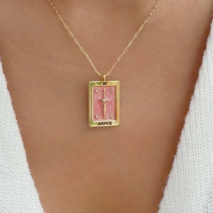 Vintage gold tarot necklace with pink enamel Justice pendant and crystal accents