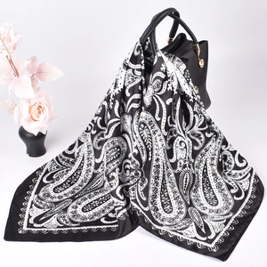 Fashionable paisley print satin square scarf in black and white with lace edge design
