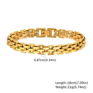 Detailed view of golden stainless steel bracelet showing width, length, and weight specs