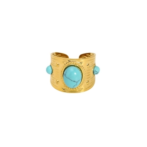 French vintage wide gold cuff bangle with three turquoise stones and embossed textures