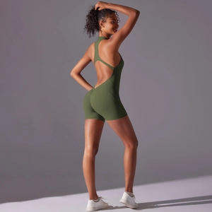 Close-up of olive green backless yoga bodysuit with high-stretch fabric and lift seams