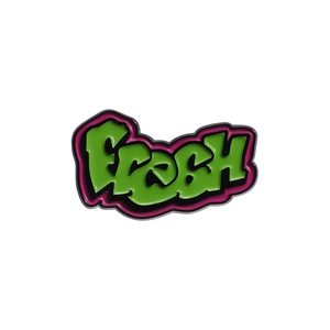 Emaille-Anstecker im Graffiti-Stil Fresh in Grün und Rosa, 80er Jahre Metall-Abzeichen