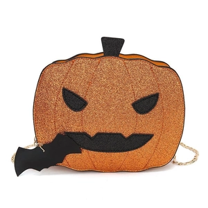 Orange glitter pumpkin crossbody bag with black face and bat pendant for Halloween