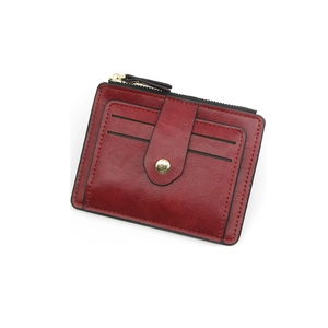 Slim burgundy PU leather card holder with multiple slots and secure zipper pocket