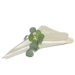 French style Easter eucalyptus leaf napkin ring with ivory satin cloth table decor