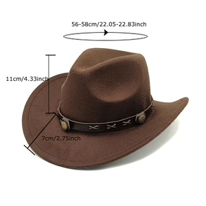 Chapeau de cowboy marron en feutre de laine avec bande en cuir et bord de 7 cm