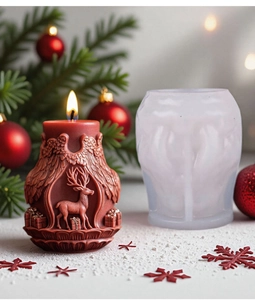 Detail of Christmas reindeer silicone mold with finished red embossed candle for DIY gifts