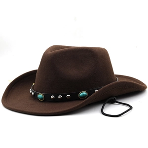 Chapeau de cowboy marron foncé en feutre avec clous turquoise, rivets et cordon réglable