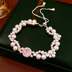 Elegant zircon pearl beaded bracelet with a pink centerpiece and adjustable silver chain