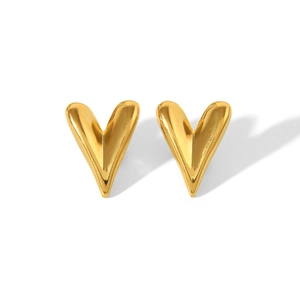 Detailed view of polished 18K gold plated heart stud earrings with a V-shaped silhouette