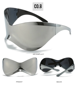 Three-view display of Y2K futuristic frameless silver mirrored wrap-around sunglasses