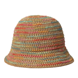 Rainbow striped knit bucket hat with breathable straw design for summer beach vacation wear