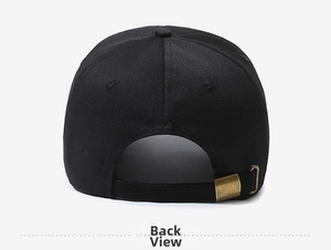 Detail view of the black cotton baseball cap back with adjustable bronze metal buckle