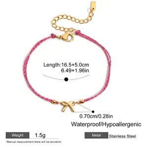 Bracelet d'amitié en corde rose avec pendentif nœud en acier inoxydable doré et fermoir