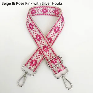 Detail of 3.8cm jacquard canvas bag strap with silver metal swivel hooks and pink patterns