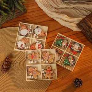 12-piece Christmas wooden ornaments set with gingerbread man and gnomes in a wooden box