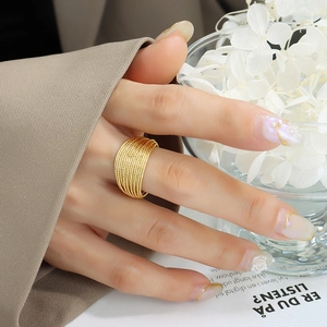 Multi Layer Line Wide Band Ring Titanium Steel 18K Gold Plated Open Adjustable Minimalist Fashion Jewelry For Women