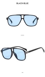 Front and side views of double-bridge pilot sunglasses with black frames and blue lenses