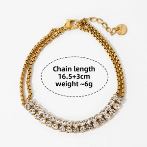 Detail of double-row rhinestone gold bracelet with lobster clasp and adjustable 16.5+3cm chain
