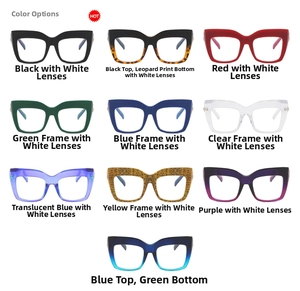 Cat eye glasses frames showing 10 color options including leopard print and transparent blue