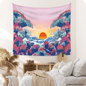 Japanese Ukiyo-e Great Wave tapestry wall hanging for bedroom decor with sunset