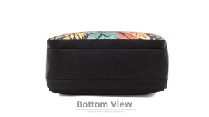 Flat bottom view showing the wide structure and durable fabric of the printed shoulder bag