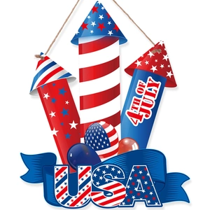 4th of July USA wooden hanging sign with rocket and flag elements for Independence Day