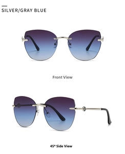 Front and side views of rimless cat-eye sunglasses with purple-blue gradient lenses