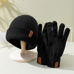 Y2K style black knitted beanie and five-finger gloves set with brown leather patches