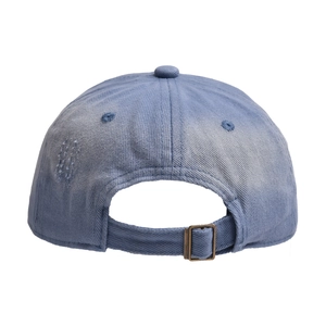 Rear view of light blue denim baseball cap featuring distressed fabric and metal buckle