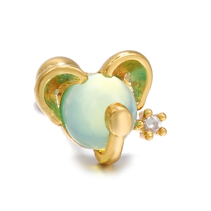 Detailed close-up of golden elephant stud earring with green bead and white zircon