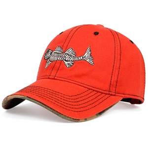Red baseball cap with fishbone embroidery and camouflage brim for outdoor sports