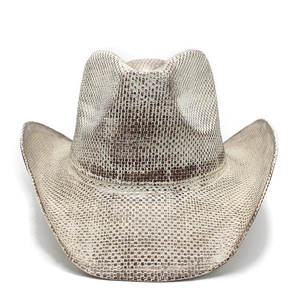 Detail view of woven straw texture and curved brim on a vintage western cowboy hat