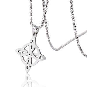 Macro detail of silver Celtic Knot pendant on O-chain with clear reflections
