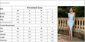 Detailed size chart for the light blue one-shoulder sequin dress including measurements