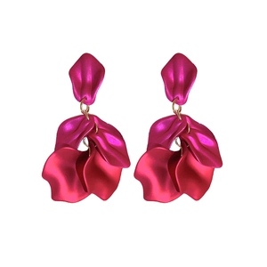 Vibrant rose red petal drop earrings with layered leaves and gold metal accents