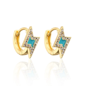 Minimalist 18K gold plated lightning bolt huggie earrings with turquoise enamel and zircons