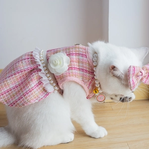 Pink tweed pet dress with white roses and pearls, matching headband and collar set