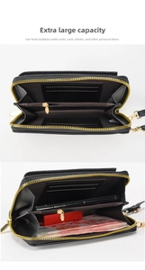 Detail view of the black PU leather wallet showing multiple card slots and zipper pocket