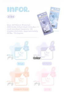 Mini portable stapler details showing size 40x45mm, ABS material and pastel color options