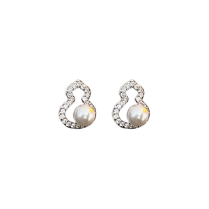 Silver gourd stud earrings with white pearl and sparkling zircon in minimalist style