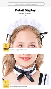 Detailed view of white lace headband and neck choker with black bows for maid cosplay costume