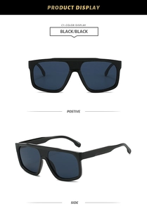 Front and side views of large black frame sunglasses with deep blue lenses