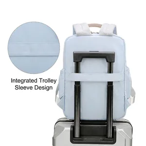 Waterproof nylon laptop backpack for women with integrated luggage strap for easy travel