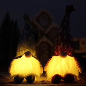 Close-up of lighted Christmas gnomes with warm LED glowing beards in dark setting