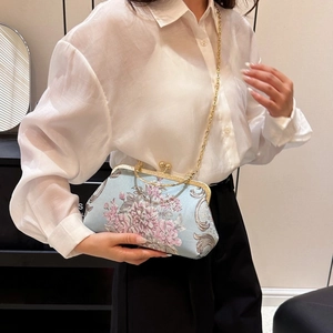 Blue embroidered floral chain bag with gold metal frame and spherical clasp for women