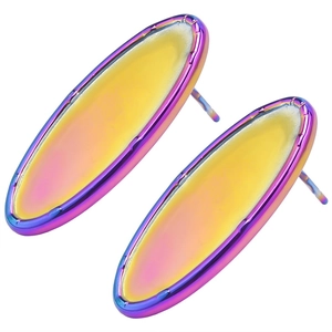 Macro shot of oval rainbow electroplated stainless steel earrings with vibrant gradient finish