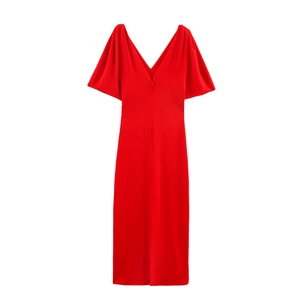 Elegante abito dritto rosso con scollo a V, maniche a volant e vestibilità slim, retro