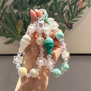 Handheld beaded acrylic phone charm with mint green beads and ice cream cone pendants